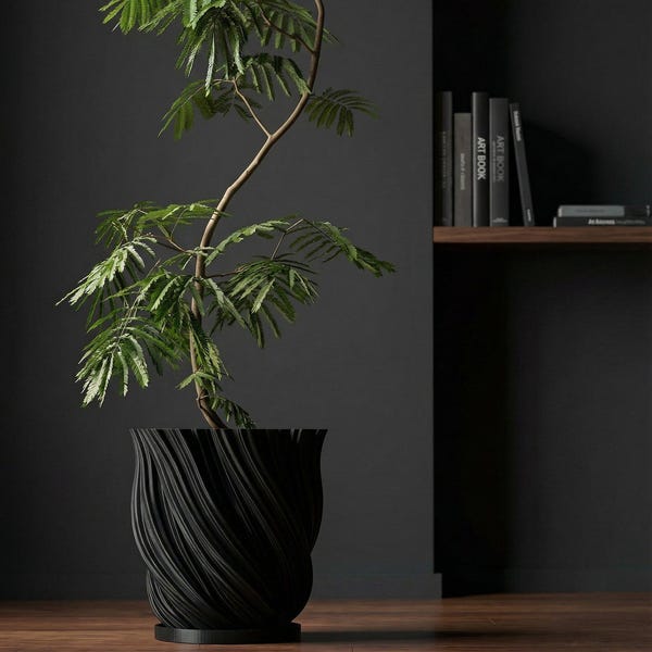 Cache-pot design fractal noir anthracite avec drainage et plaque à eau