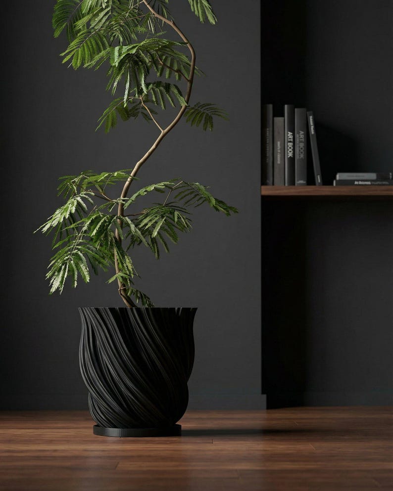 Charcoal Black Fractal Design Planter Pot with Drainage & Water Plate image 1