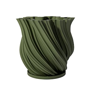 Planter Pot With Drainage, Avocado Green Fractal Design for Small and Large Plants [Water Plate Included] Outdoor and Indoor use Plant Pot