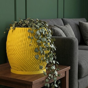 Lemon Yellow Ripple Design Planter Pot with Drainage & Water Plate