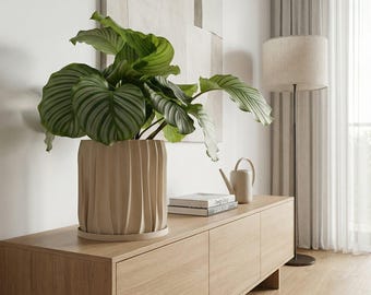 Beige Kurtain Design Planter Pot with Drainage & Water Plate