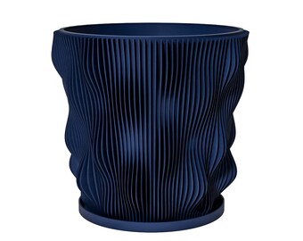 Planter Pot With Drainage, Deep Blue Wave Design for Small and Large Plants [Water Plate Included] Outdoor and Indoor use Plant Pot