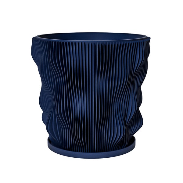 Planter Pot With Drainage, Deep Blue Wave Design for Small and Large Plants [Water Plate Included] Outdoor and Indoor use Plant Pot