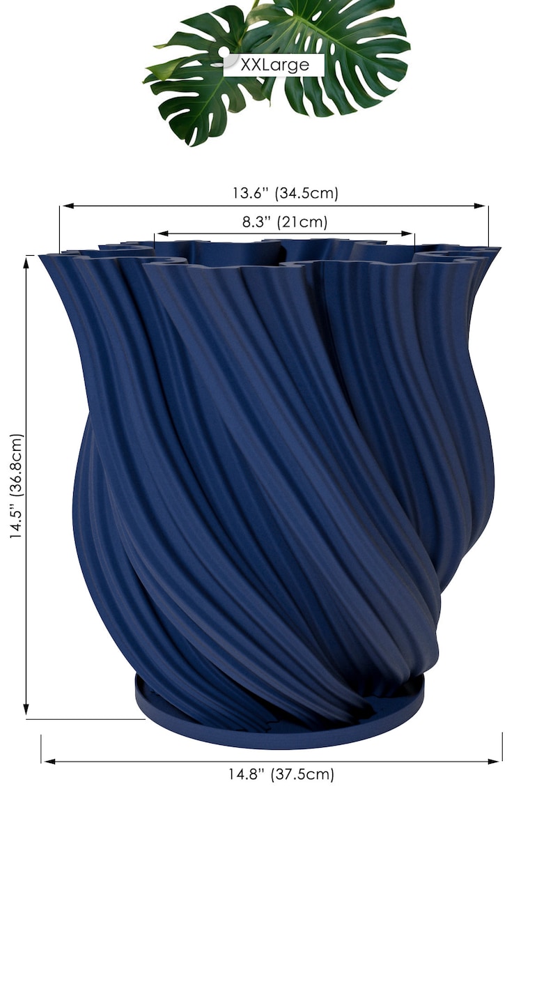 Planter Pot With Drainage, Deep Blue Fractal Design for Small and Large Plants Water Plate Included Outdoor and Indoor use Plant Pot XXL [14.5" Height]