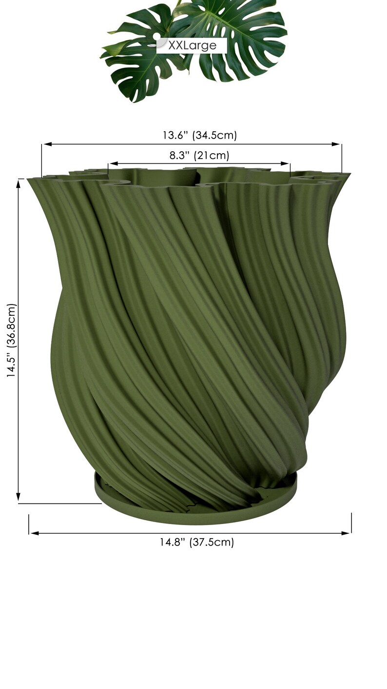 Planter Pot With Drainage, Avocado Green Fractal Design for Small and Large Plants Water Plate Included Outdoor and Indoor use Plant Pot XXL [14.5" Height]