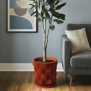Planter Pot With Drainage, Orange Wave Design for Small and Large Plants [Water Plate Included] Outdoor and Indoor use Plant Pot