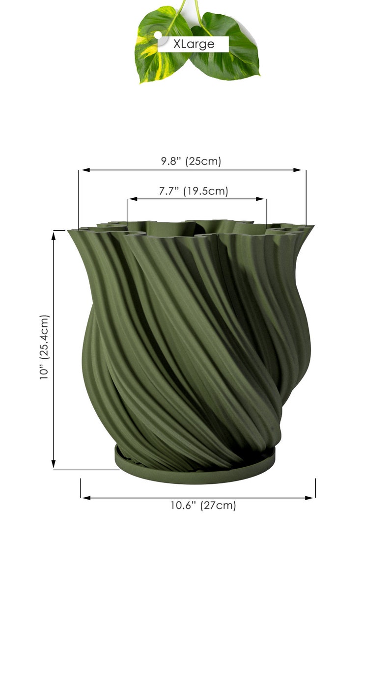 Planter Pot With Drainage, Avocado Green Fractal Design for Small and Large Plants Water Plate Included Outdoor and Indoor use Plant Pot XL [10" Height]