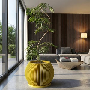 Maceta con diseño de melón amarillo limón, con drenaje y plato de agua