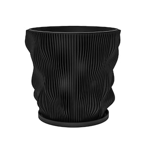 Planter Pot With Drainage, Charcoal Black Wave Design for Small and Large Plants [Water Plate Included] Outdoor and Indoor use Plant Pot