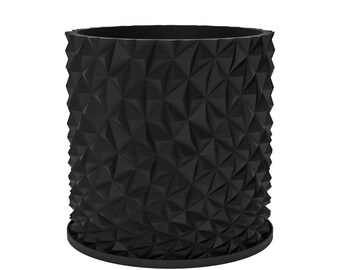 Planter Pot With Drainage, Charcoal Black Knurl Design for Small and Large Plants [Water Plate Included] Outdoor and Indoor use Plant Pot