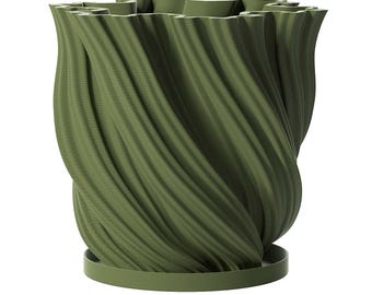 Planter Pot With Drainage, Avocado Green Fractal Design for Small and Large Plants [Water Plate Included] Outdoor and Indoor use Plant Pot