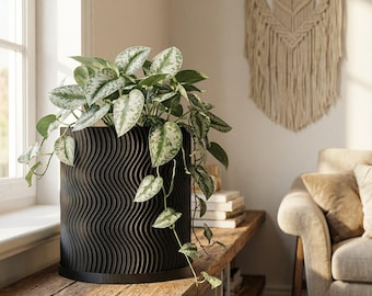 Charcoal Black Uma Design Planter Pot with Drainage & Water Plate