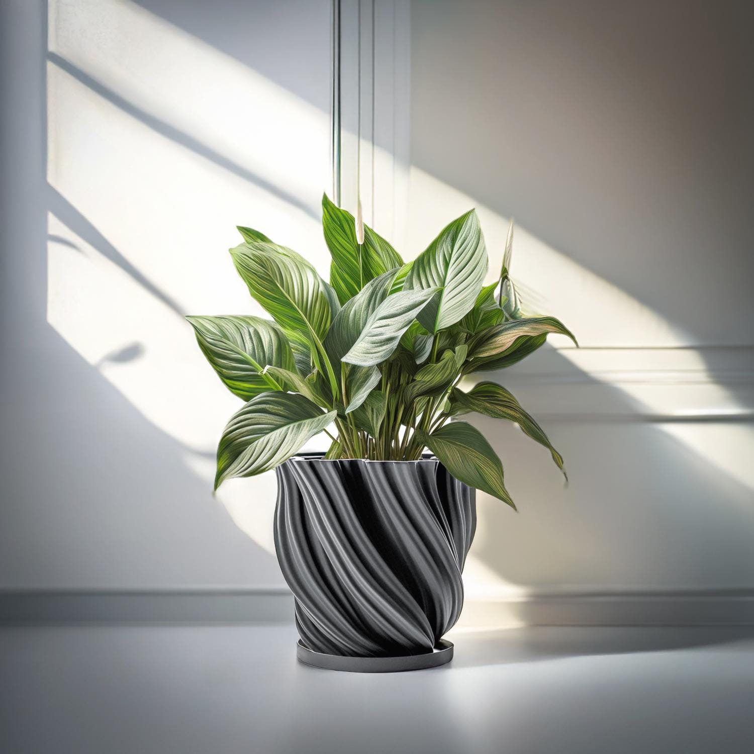 Planter Pot With Drainage, Charcoal Black Fractal Design for Small and Large Plants [Water Plate Included] Outdoor and Indoor use Plant Pot