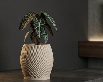 Beige Ripple Design Planter Pot with Drainage & Water Plate