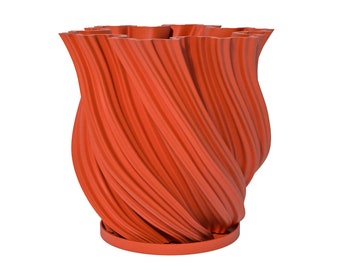 Planter Pot With Drainage, Orange Fractal Design for Small and Large Plants [Water Plate Included] Outdoor and Indoor use Plant Pot