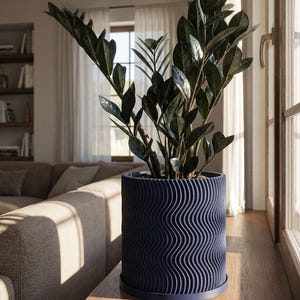 Deep Ocean Blue Uma Design Planter Pot with Drainage & Water Plate