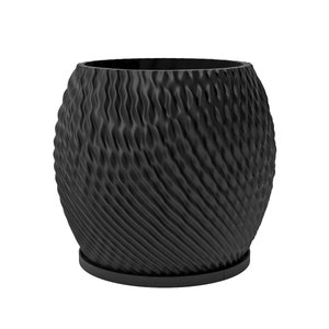 Planter Pot With Drainage, Charcoal Black Ripple Design for Small and Large Plants [Water Plate Included] Outdoor and Indoor use Plant Pot