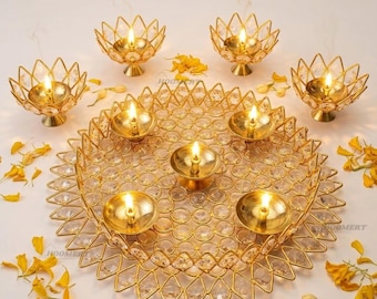 Brass Diya Crystal Thali Set with 4 Lotus Oil Lamps, Diwali Pooja Gift