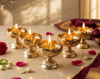 Antique Brass Lotus Diya Lamps – 5pc Indian Oil Lamps for Diwali Puja Home Decor