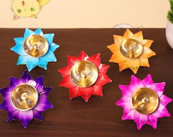 KAPER Lot de 5 lampes à huile diya colorées faites main pour Diwali et festivals