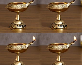 Mini diyas Kuber en laiton - Lot de 4 lampes à huile Diwali traditionnelles