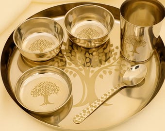 Ensemble thali en bronze pur du Kansa pour 6 personnes, vaisselle indienne traditionnelle de 30 cm (12 po.)
