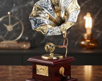 Mini Gramophone Showpiece | Vintage Brass Music Decor, Embossed Horn Accent