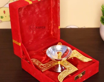 Ensemble diya fait main en laiton plaqué argent - Lampes à huile traditionnelles Diwali Puja, décoration de fête