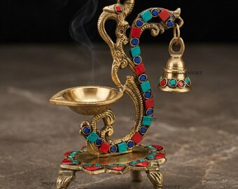 Brass Diya Antique Stone Work Peacock Oil Lamp Hanging Bell | Diwali Decor Pooja Gift