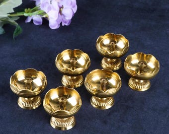 Set of 6 Brass Lotus Diyas, Handcrafted Pooja Oil Lamps, Home Decor, Diwali Gift