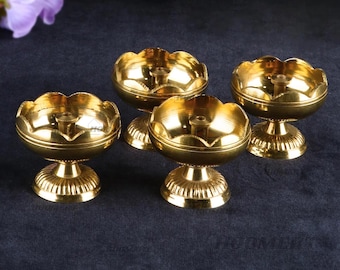 Brass Diya Lotus Set of 4 Oil Lamp for Pooja, Home Decor, Diwali Gift
