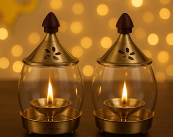 Arpan Diya en laiton et verre - Décoration traditionnelle hindoue Mandir, Set de 2