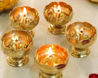 Handcrafted Solid Brass Lotus Oil Lamp Set of 5 – Traditional Indian Decor for Meditation, Yoga Space & Spiritual Gifting