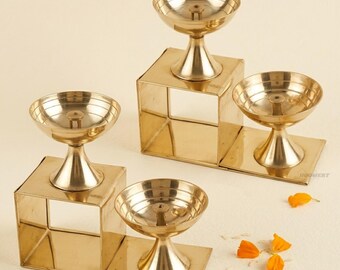 Brass Diya Set of 2, Golden 2 Steps Design, Pure Brass Oil Lamp for Puja, Diwali Gift, Housewarming, Indian Temple Decor by HOOMERT