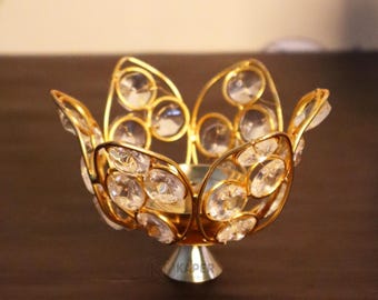 Diya lotus de cristal | Lampe à huile en laiton faite main, décor Diwali