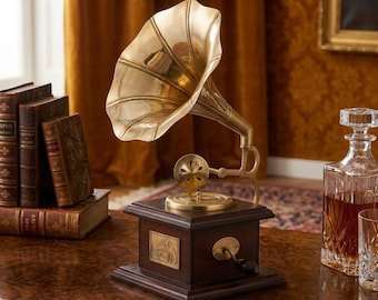 Vintage Brass Wood Mini Gramophone Showpiece Retro Music Lover Desk Decor | HOOMERT