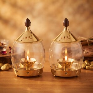 Brass Akhand Diya Set 2 with Glass Cover for Puja, Diwali Decor, House Gift