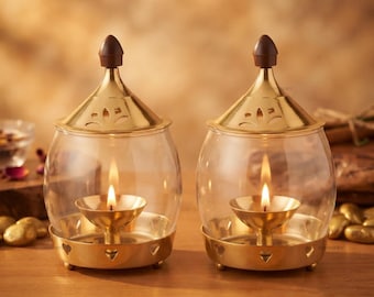 Brass Akhand Diya Set 2 with Glass Cover for Puja, Diwali Decor, House Gift