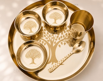 Ayurveda Bronze Dinner Set Handcrafted Antique Thali, 6-Piece Festive Gift | HOOMERT