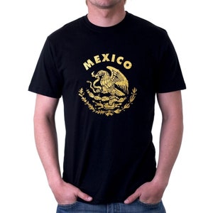 Camiseta mexicana, camisetas de escudo de armas de México, camisetas de oro metálico, camiseta con escudo mexicano, camisetas de escudo de oro de México