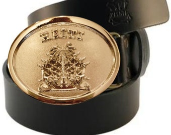 Haitian Gold Shield Buckle, Leather Belt, Coat of Arms