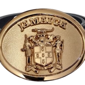 Jamaica Coat of Arms Belt, Gold Shield Buckle, Leather Belt
