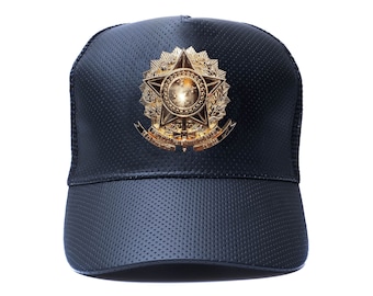Brazilian Coat of Arms Trucker Hat, Gold Alloy Badge, Snapback Cap
