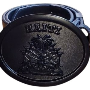 Coat of Arms of Haiti, Haitian Black Buckle with Belt, Haiti Leather Belt, Haitian Belt & Buckle, Haitian Emblem Belt