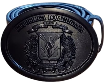 Coat of Arms Buckle, Dominican Black Shield Belts, DR Emblem with Leather Belt, DR Belt, Correas Dominicanas, De Lo Mio, Hebillas Dominicana