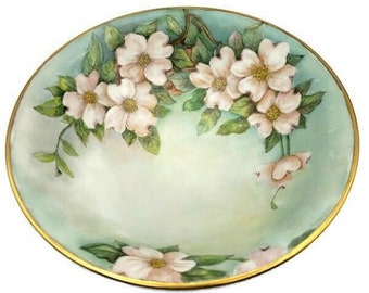 Pedestal Teal Bowl Dogwood Flowers Gilded Trim Artisan Signed Hand Painted Centerpiece Porcelain-Ceramic Tableware Floral Design Fruit Bowl