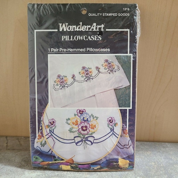 Vintage Wonder Art Stamped Pillowcase Pair No 1219 Pansy Delight Kit New Old Stock