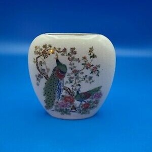 Hand Painted Creme Bud Vase with Peacocks Floral Design Artmark Japan Vintage