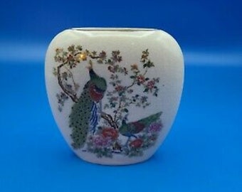 Hand Painted Creme Bud Vase with Peacocks Floral Design Artmark Japan Vintage