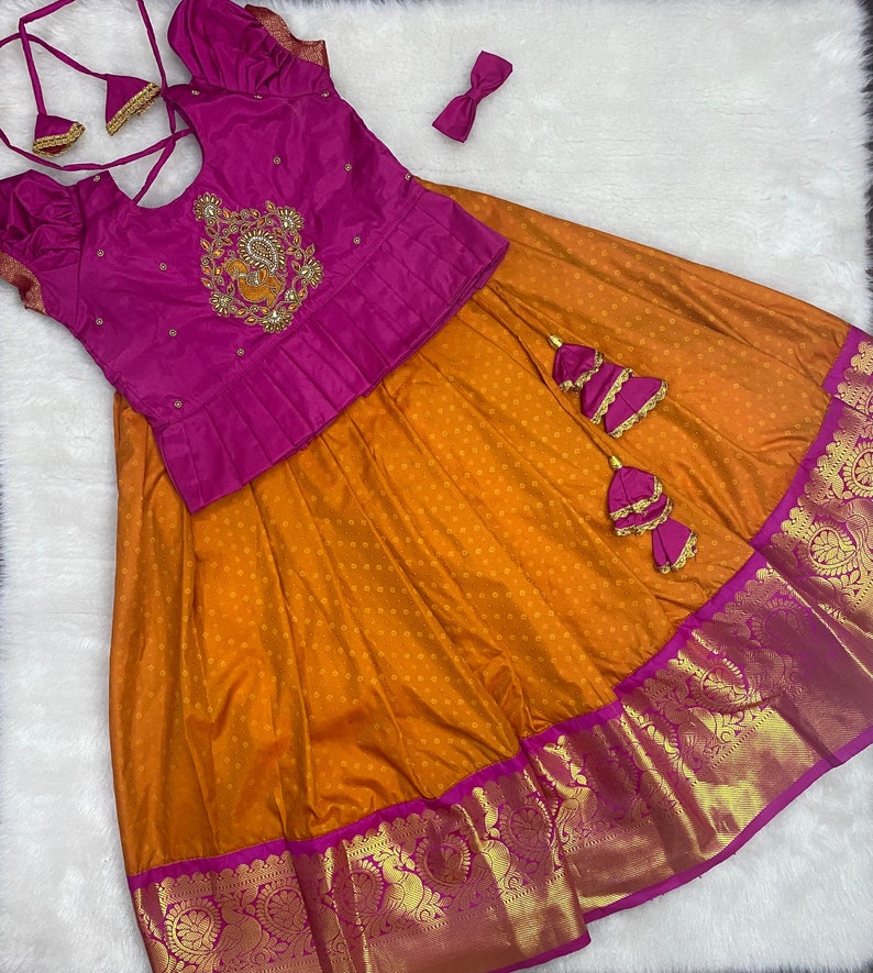 Pure Kanchipuram Silk Ikkat Style Pattu Pavadai / Skirt in Green colour with Yellow Top - 4 yrs